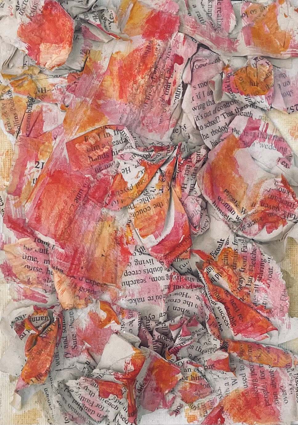 Color pallete is mostly analogous of red and orange and pink, paper from a book is attached to the canvas in a ripped mannner that is 3 dimensional.