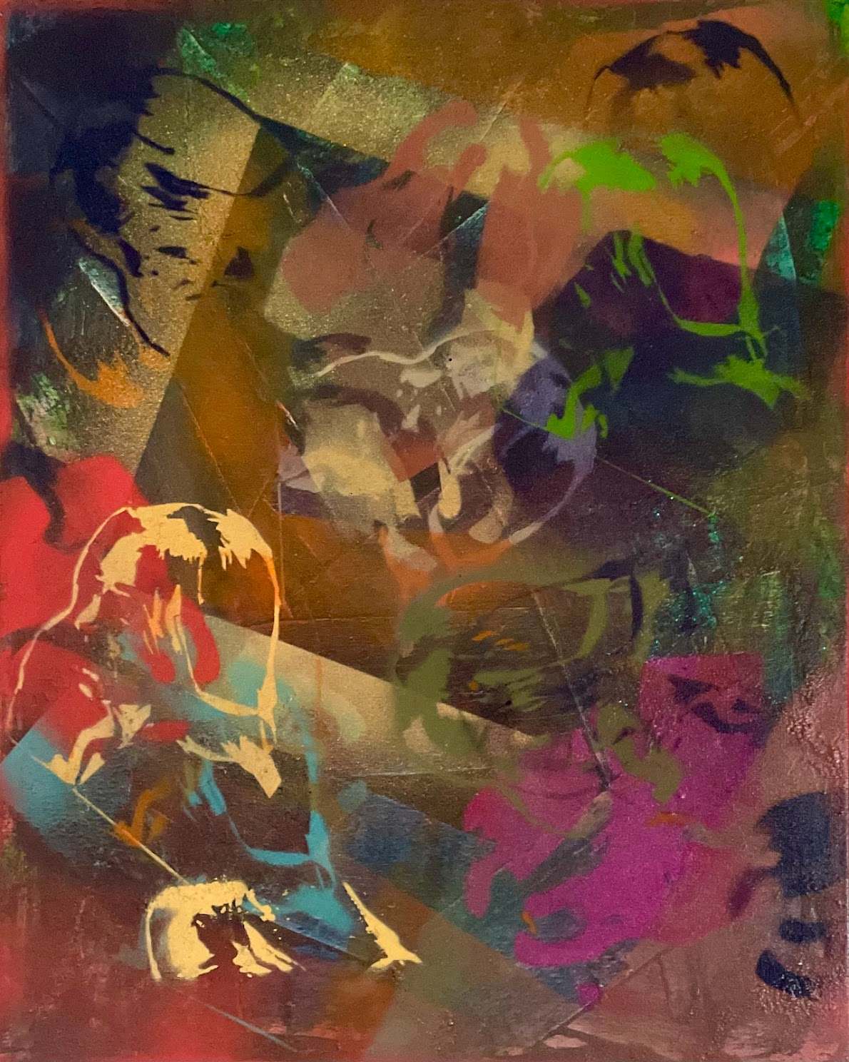 Very saturated pallete with a stencil of a woman being used to make up the painting but layered apart with alot of entropy. 