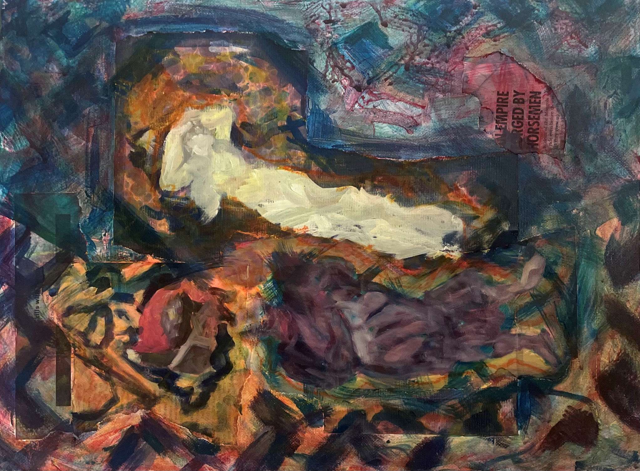 Red blood like spllaters behind a blue glaze adorned with a pattern of alternating blue and purble diamonds throuout the painting with a defigured white woman resting in the top have in a chaise lounge in white in a manner where her head is titled upwards towards the viewer and her arms flexing with her hand perched behind her head, she iis positioned across a paralelle line where she sits perpendicular to two other figures that are also disfigured, they all have yellow and orange glows around them, a purple figure that resembles a more masucline figure without a face is holding something, and the figure above it is in a field carrying around a wheel barrow, their is a letter of text also places vertically 'a empire forged by horsemen'.