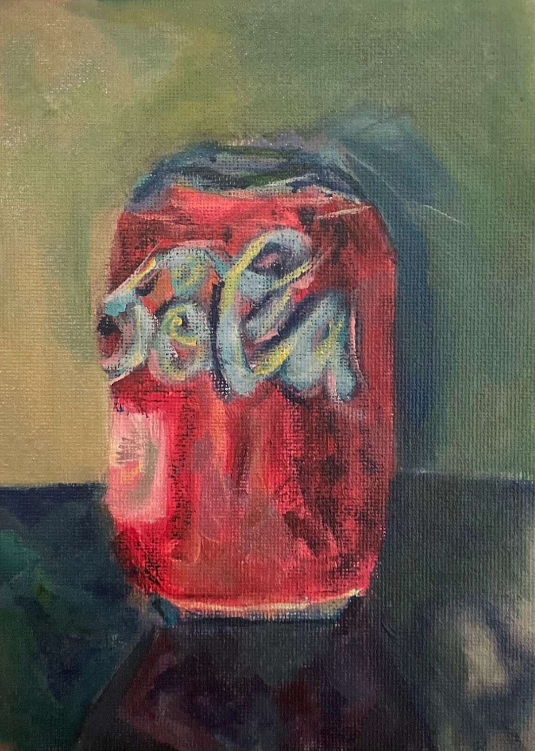 Famous soda can in center surrounded by a green tinted background and dark blue table, and the bottle feels very fringy and off and its painted in a realist style that is off putting.