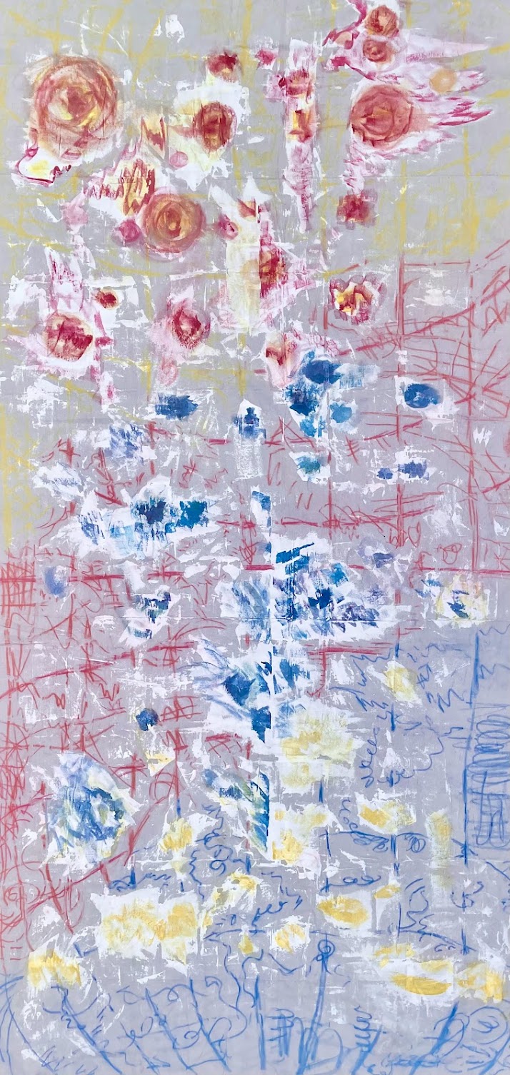 circles take up the entire painting except for the very saturated red border, with several large circles on the the bottom being cut out of frame, as you get higher up the painting the darker portion of the painting becomes smaller but the lighter colored blue ring on the border of the dark blue circle getting smaller and muddier, with some variation of darker blue lines bordering the muddy colors 