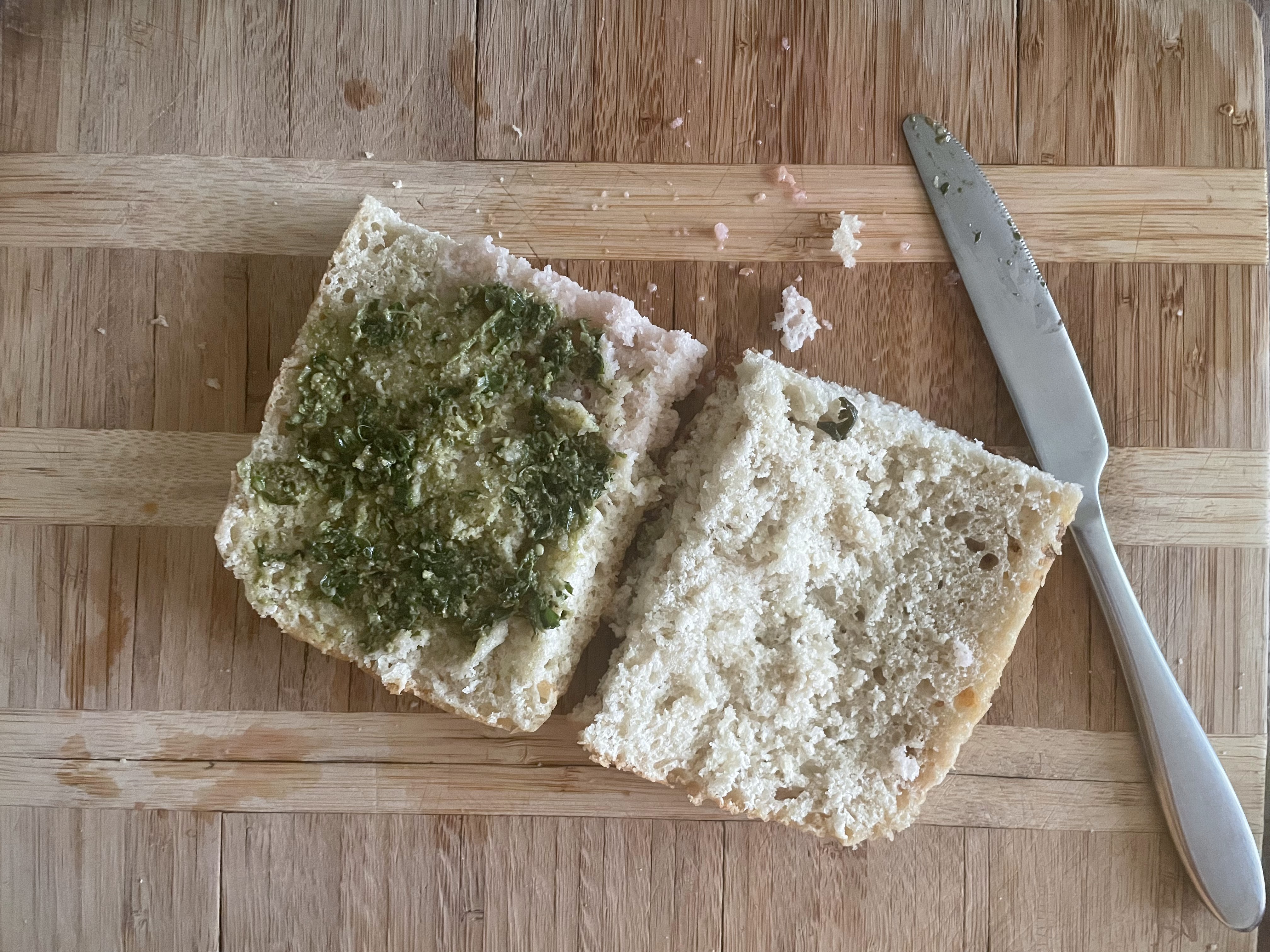 top half of bread with pesto