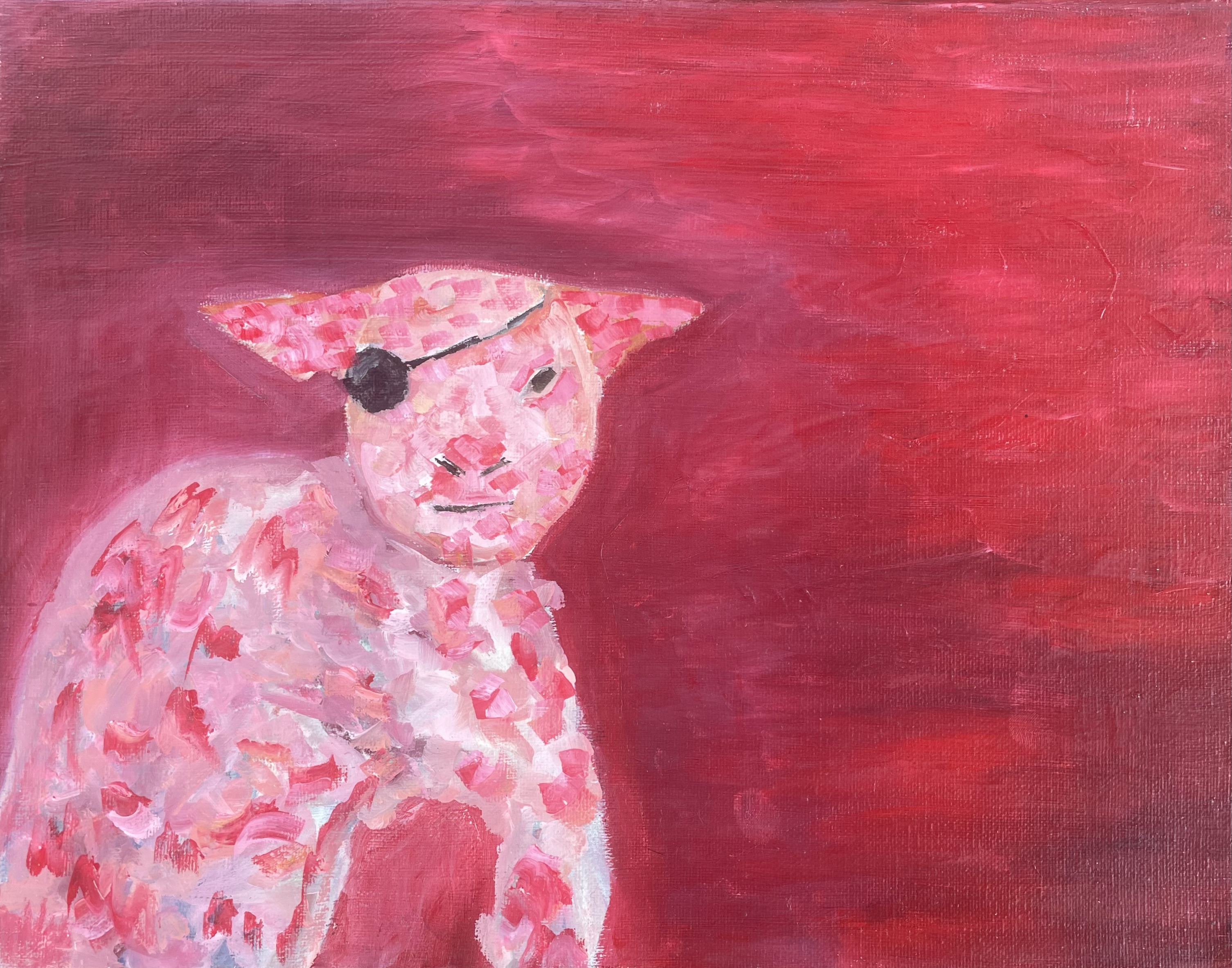 A pinkish space lamb with a eye patch with a red background almost blending into the background seamlessly 