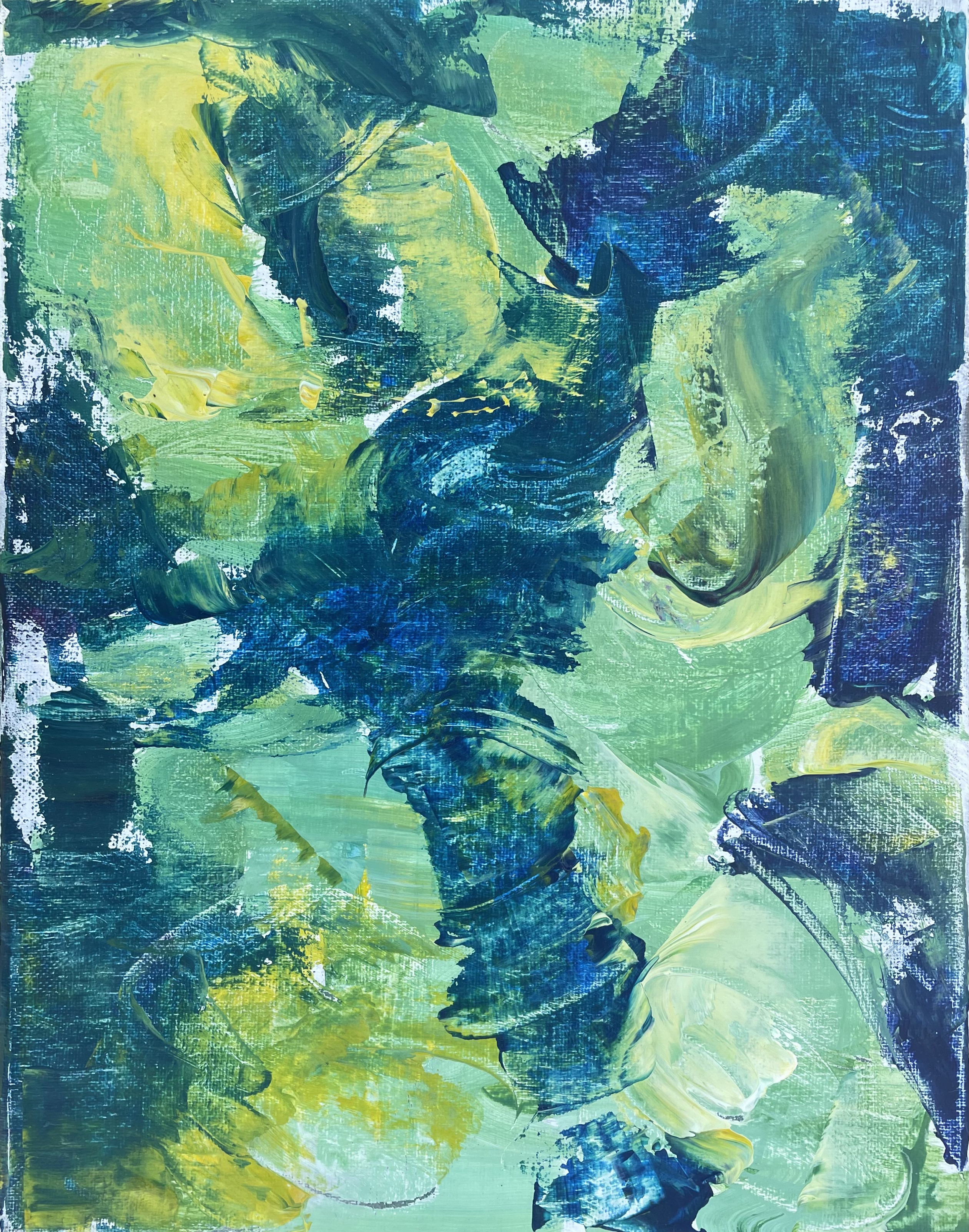 Dreamy abstract with muted green coming in and out in between a dark blue 