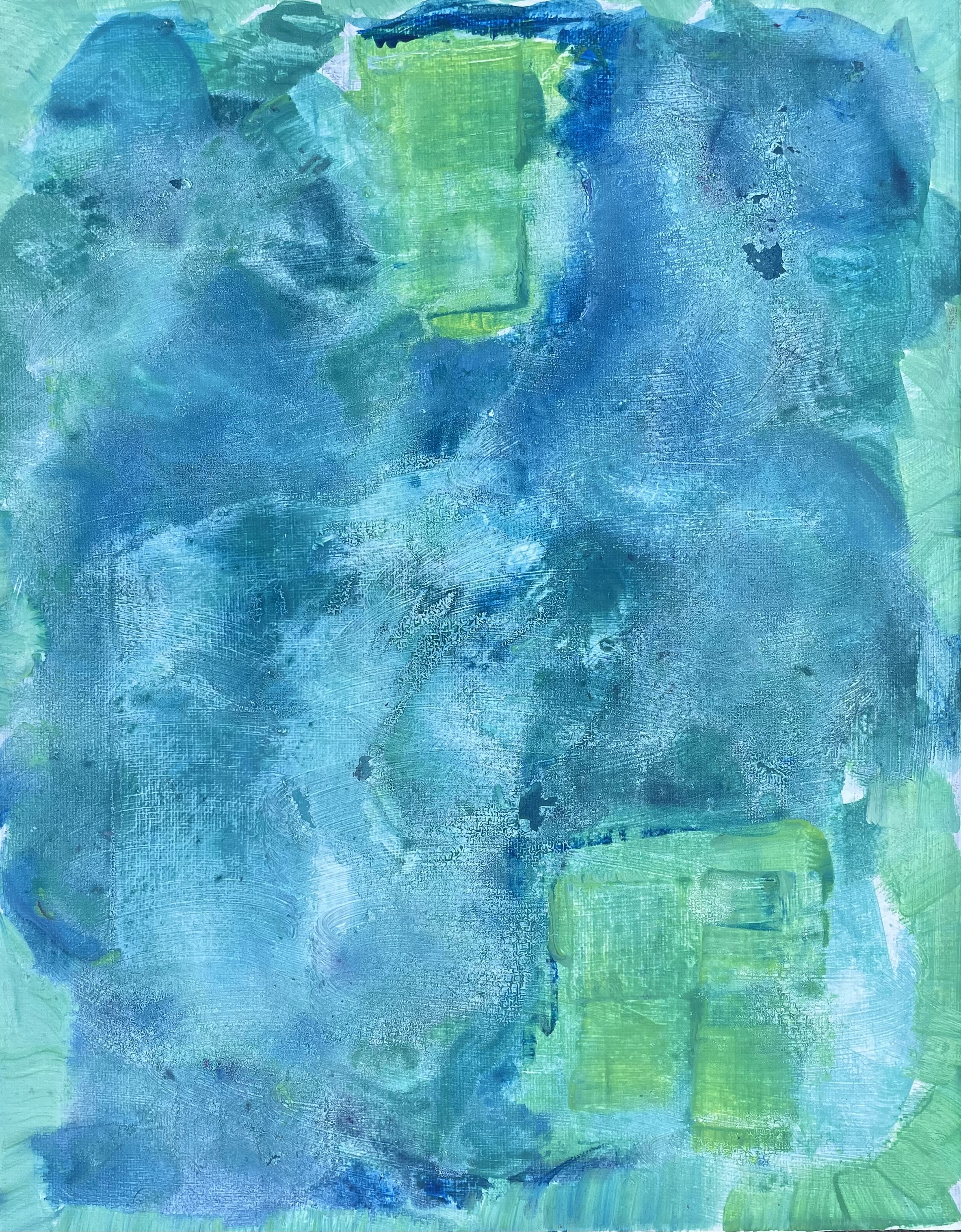 abstract icy watercolor painting with coolness and two green blocks distant from each other